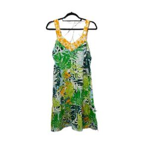 CORAL BAY M Green Tropical Leaf Drop Waist Sundress Cover Up Beach Cotton Modal
